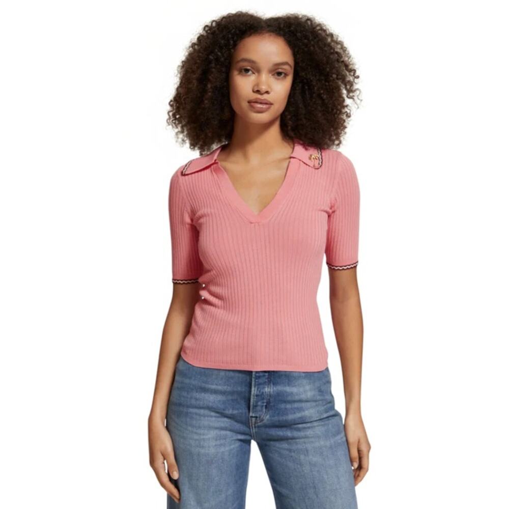 Scotch & Soda Rib Knit Short Sleeve Sweater Top Pink Size XS